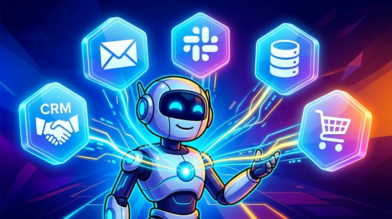 5 Herramientas Clave para Conectar Agentes IA y Potenciar tu Startup Ilustración de un robot o cerebro de IA conectado a diferentes iconos de aplicaciones y sistemas con líneas y flechas, simbolizando integración y automatización.