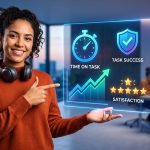 Un gráfico de líneas ascendente que representa el crecimiento y la optimización de un producto digital, con iconos de usuario y métricas de UX flotando alrededor.