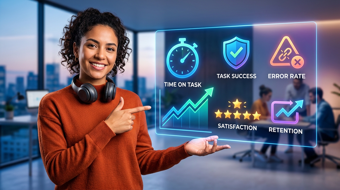 5 Métricas Clave de UX para Impulsar tu Producto Digital Un gráfico de líneas ascendente que representa el crecimiento y la optimización de un producto digital, con iconos de usuario y métricas de UX flotando alrededor.
