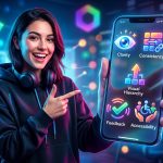 Diseño UI de una aplicación móvil moderna con 5 iconos representando principios clave de diseño UI, como claridad, consistencia, jerarquía, feedback y accesibilidad, sobre un fondo vibrante y juvenil.