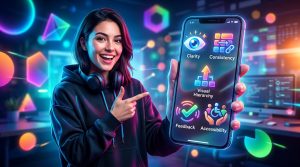 Diseño UI de una aplicación móvil moderna con 5 iconos representando principios clave de diseño UI, como claridad, consistencia, jerarquía, feedback y accesibilidad, sobre un fondo vibrante y juvenil.