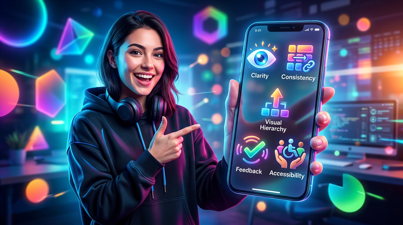 5 Principios TOP de Diseño UI para Enganchar en tu App Diseño UI de una aplicación móvil moderna con 5 iconos representando principios clave de diseño UI, como claridad, consistencia, jerarquía, feedback y accesibilidad, sobre un fondo vibrante y juvenil.