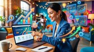 Persona optimizando interfaz de usuario en un ordenador portátil, mostrando gráficos de conversión ascendentes.