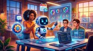 Un robot asistente de IA ayudando a un equipo de startup con diversas tareas en una oficina moderna y tecnológica.