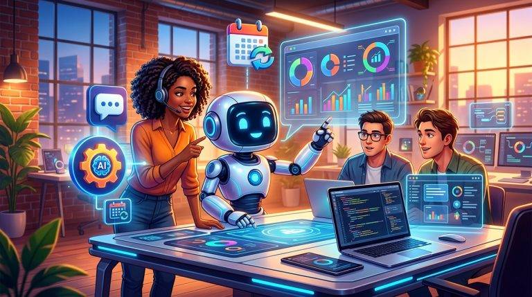 Un robot asistente de IA ayudando a un equipo de startup con diversas tareas en una oficina moderna y tecnológica.