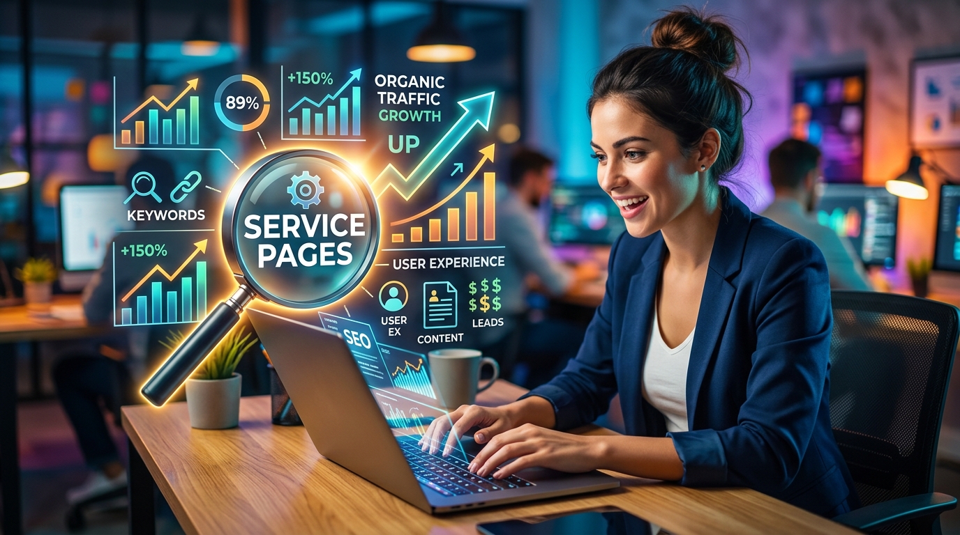 7 Estrategias TOP para Posicionar tus Páginas de Servicios en Google Persona joven trabajando en un portátil con gráficos de SEO y una lupa, simbolizando la optimización de páginas de servicios.