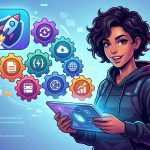 Ilustración de las 7 funcionalidades clave de Firebase, representadas como engranajes interconectados que potencian una aplicación móvil.
