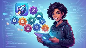 Ilustración de las 7 funcionalidades clave de Firebase, representadas como engranajes interconectados que potencian una aplicación móvil.