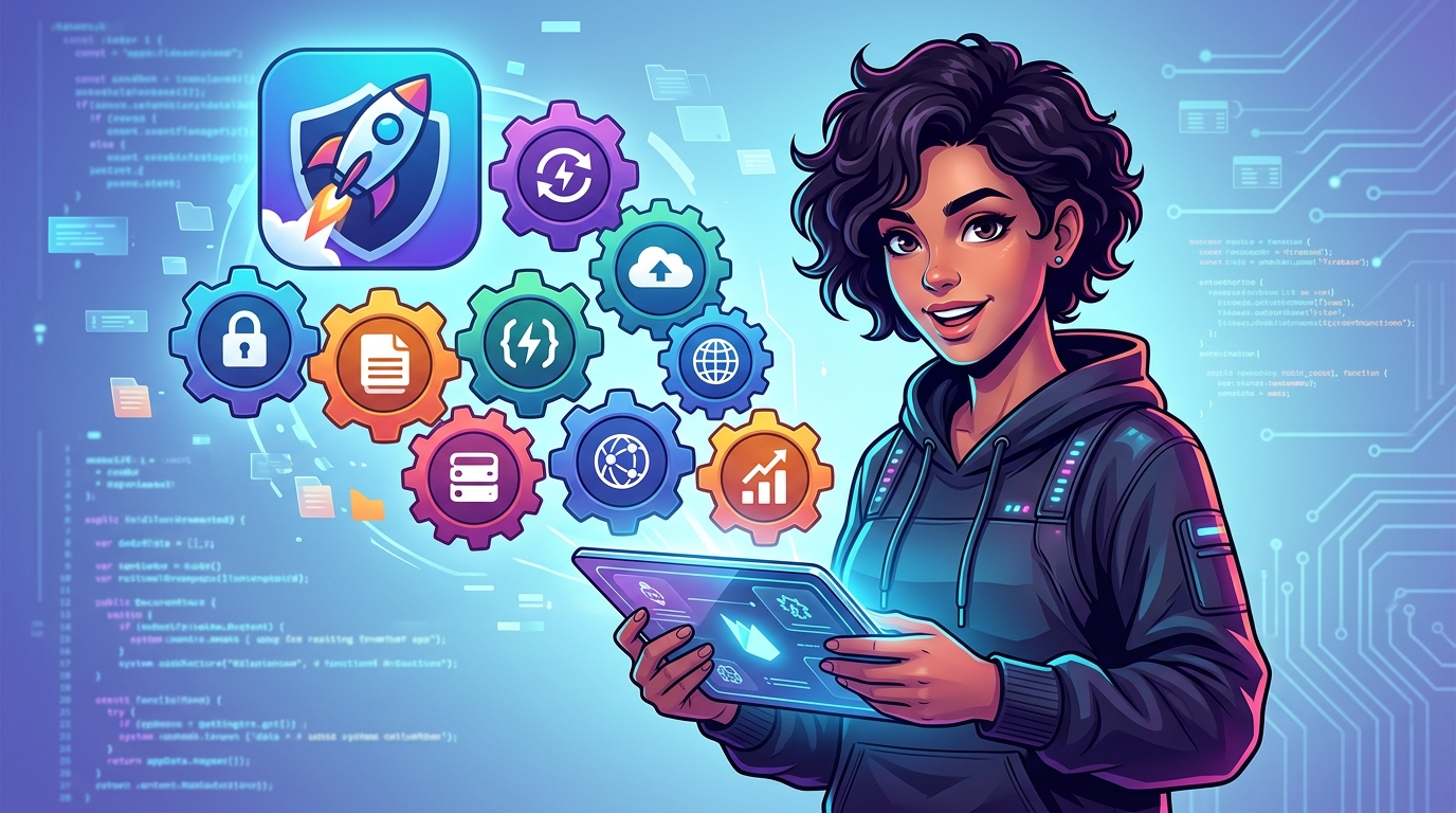 7 Funcionalidades Clave de Firebase: Impulsa tu App al Siguiente Nivel Ilustración de las 7 funcionalidades clave de Firebase, representadas como engranajes interconectados que potencian una aplicación móvil.