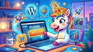 Un unicornio con cuerno de pizza instalando plugins en un ordenador, rodeado de iconos de WordPress, SEO, seguridad y e-commerce.
