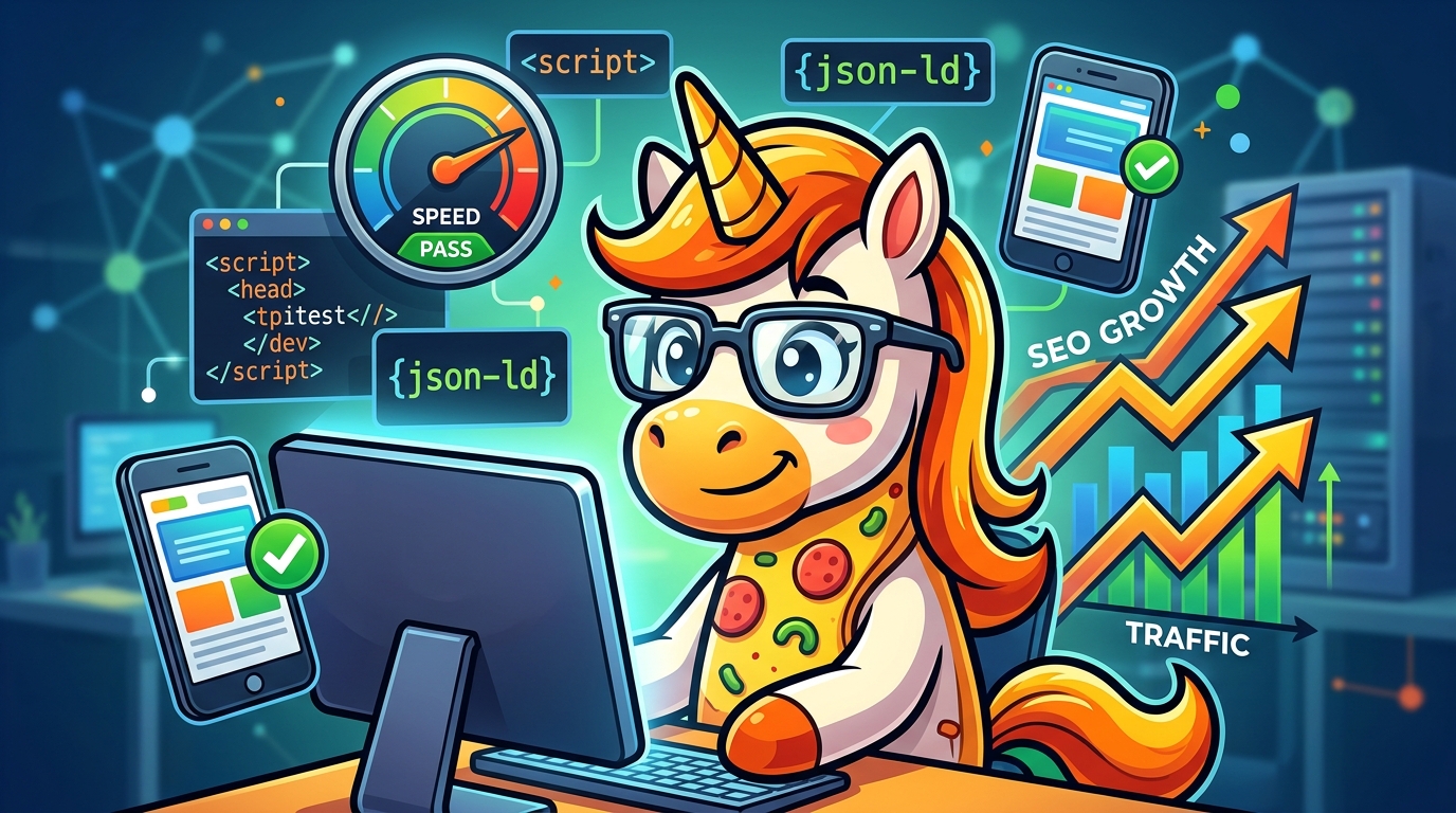 Desbloquea el Crecimiento: 5 Tácticas SEO Técnico para Startups y Estudios Digitales Un unicornio de pizza (Pizzacorn) programando y optimizando una web con gráficos de SEO técnico y velocidad de carga