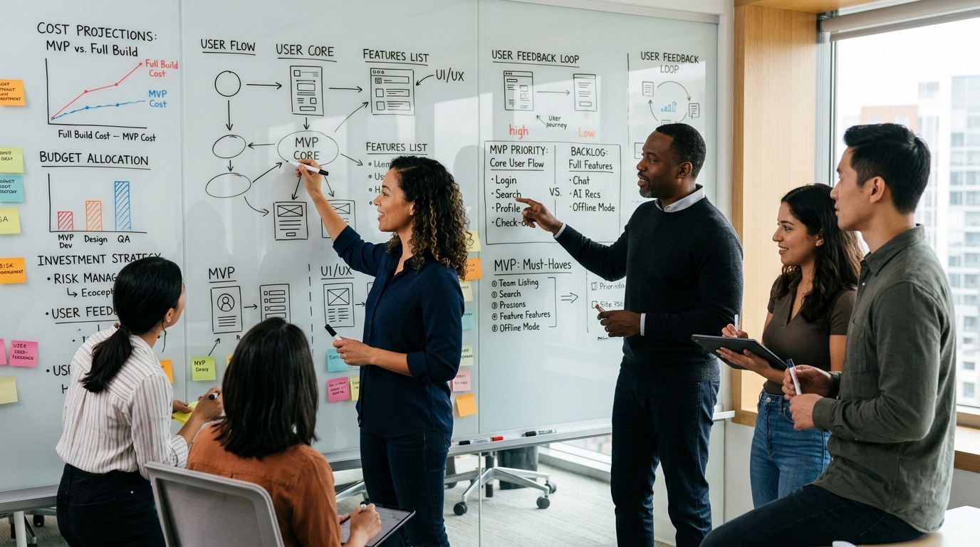 Equipo de desarrollo de software planificando un Producto Mínimo Viable (MVP) en una pizarra, con gráficos de costes y prioridades