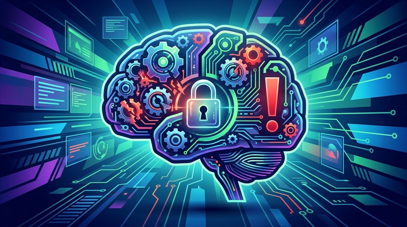 Ilustración de un cerebro robótico con engranajes, un candado y un signo de exclamación, representando los desafíos y soluciones al integrar inteligencia artificial en productos digitales.