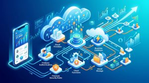 Diagrama de arquitectura escalable con Firebase y Flutter para startups, mostrando interconexiones entre Firestore, Cloud Functions y Cloud Storage.