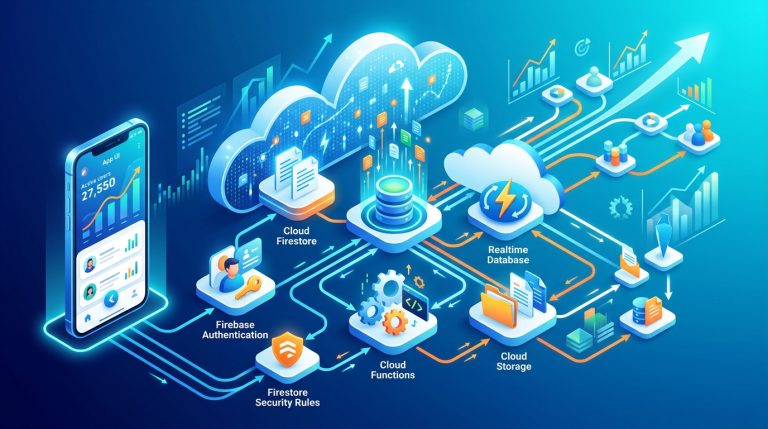 Diagrama de arquitectura escalable con Firebase y Flutter para startups, mostrando interconexiones entre Firestore, Cloud Functions y Cloud Storage.