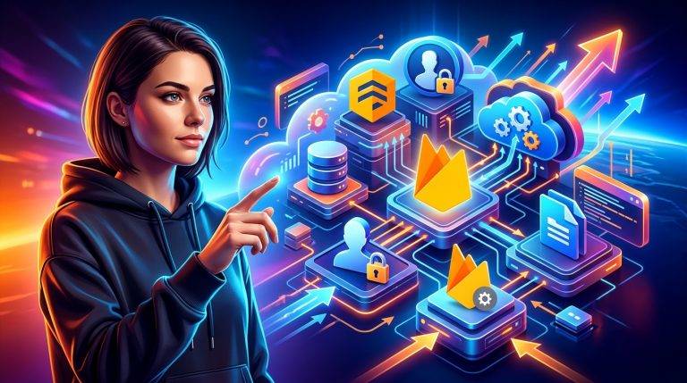 Diagrama de arquitectura Firebase escalable para una startup, con componentes como Firestore, Auth, Functions y Storage interconectados, simbolizando crecimiento y solidez.