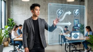 Fundador de startup evaluando opciones tecnológicas para el desarrollo de su aplicación: Flutter, desarrollo nativo y web app progresiva (PWA), representadas con iconos y flechas en un diagrama de flujo digital.