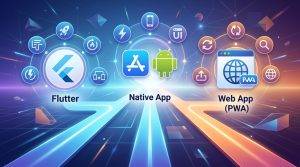Comparativa de desarrollo de apps: Flutter, nativo y web app con iconos y flechas indicando sus características