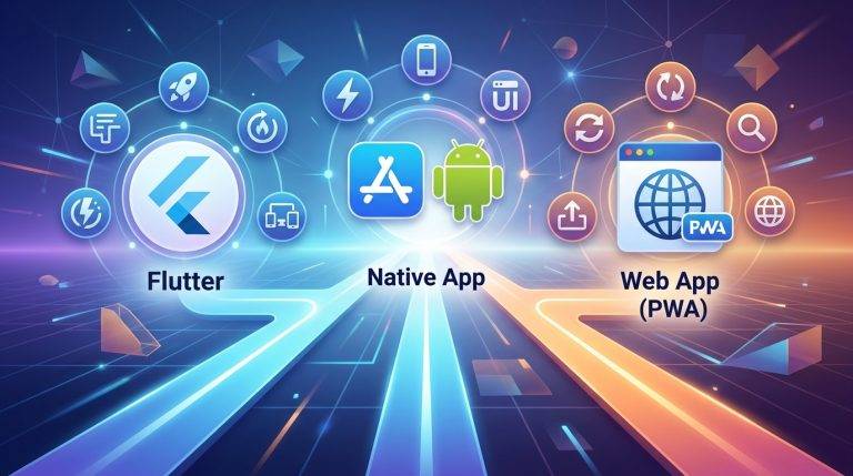Comparativa de desarrollo de apps: Flutter, nativo y web app con iconos y flechas indicando sus características
