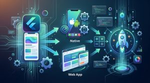 Tres iconos representando Flutter, una app nativa y una web app, con flechas y engranajes simbolizando el proceso de decisión tecnológica.