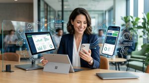 Empresario sonriendo mientras usa una tablet y un smartphone, mostrando la versatilidad de una aplicación Flutter para diferentes plataformas, con gráficos que sugieren eficiencia y crecimiento.