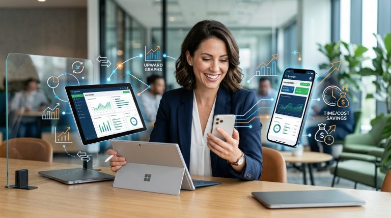 Empresario sonriendo mientras usa una tablet y un smartphone, mostrando la versatilidad de una aplicación Flutter para diferentes plataformas, con gráficos que sugieren eficiencia y crecimiento.