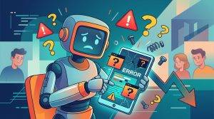 Un robot confundido sosteniendo un producto digital con errores, rodeado de símbolos de peligro y una flecha hacia abajo, estilo ilustración vectorial.