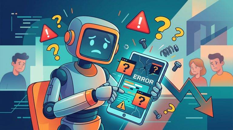 Un robot confundido sosteniendo un producto digital con errores, rodeado de símbolos de peligro y una flecha hacia abajo, estilo ilustración vectorial.