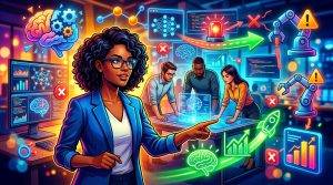 Equipo de startup evitando errores comunes al implementar IA, con gráficos y datos en pantallas, señalando una estrategia de éxito.