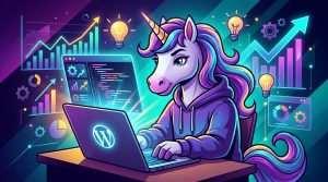 Ilustración de un unicornio programando en un ordenador con el logo de WordPress y elementos de startup, representando un plugin personalizado