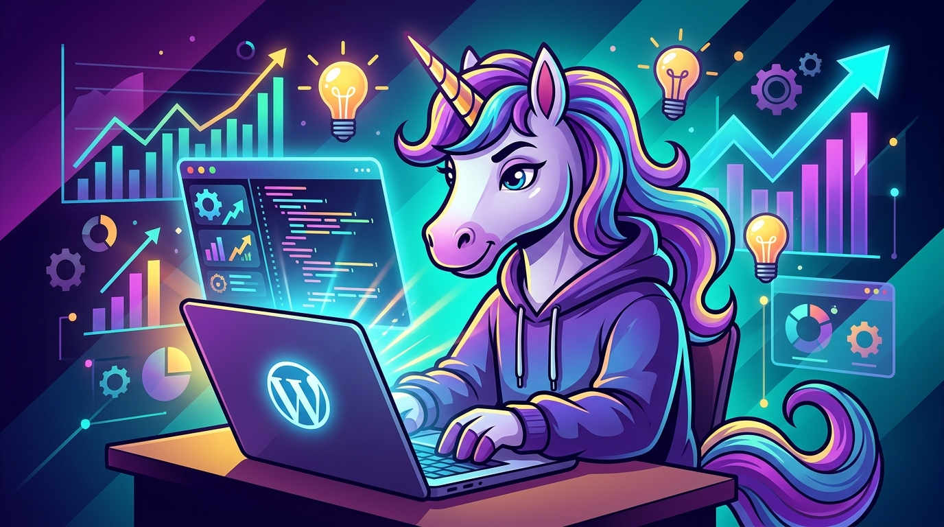 Potencia tu Crecimiento: 7 Ventajas de un Plugin WordPress Personalizado para Startups Ilustración de un unicornio programando en un ordenador con el logo de WordPress y elementos de startup, representando un plugin personalizado