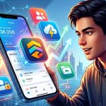 Representación visual de una aplicación móvil de Flutter en proceso de escalabilidad, con elementos de Firebase alrededor y gráficos de crecimiento, simbolizando cómo una startup puede expandir su app con éxito.