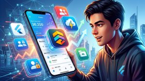 Representación visual de una aplicación móvil de Flutter en proceso de escalabilidad, con elementos de Firebase alrededor y gráficos de crecimiento, simbolizando cómo una startup puede expandir su app con éxito.