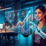 Una mano robótica (IA) señalando un gráfico de crecimiento con métricas clave para startups, simbolizando optimización y éxito.
