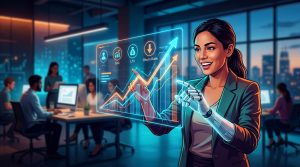 Una mano robótica (IA) señalando un gráfico de crecimiento con métricas clave para startups, simbolizando optimización y éxito.