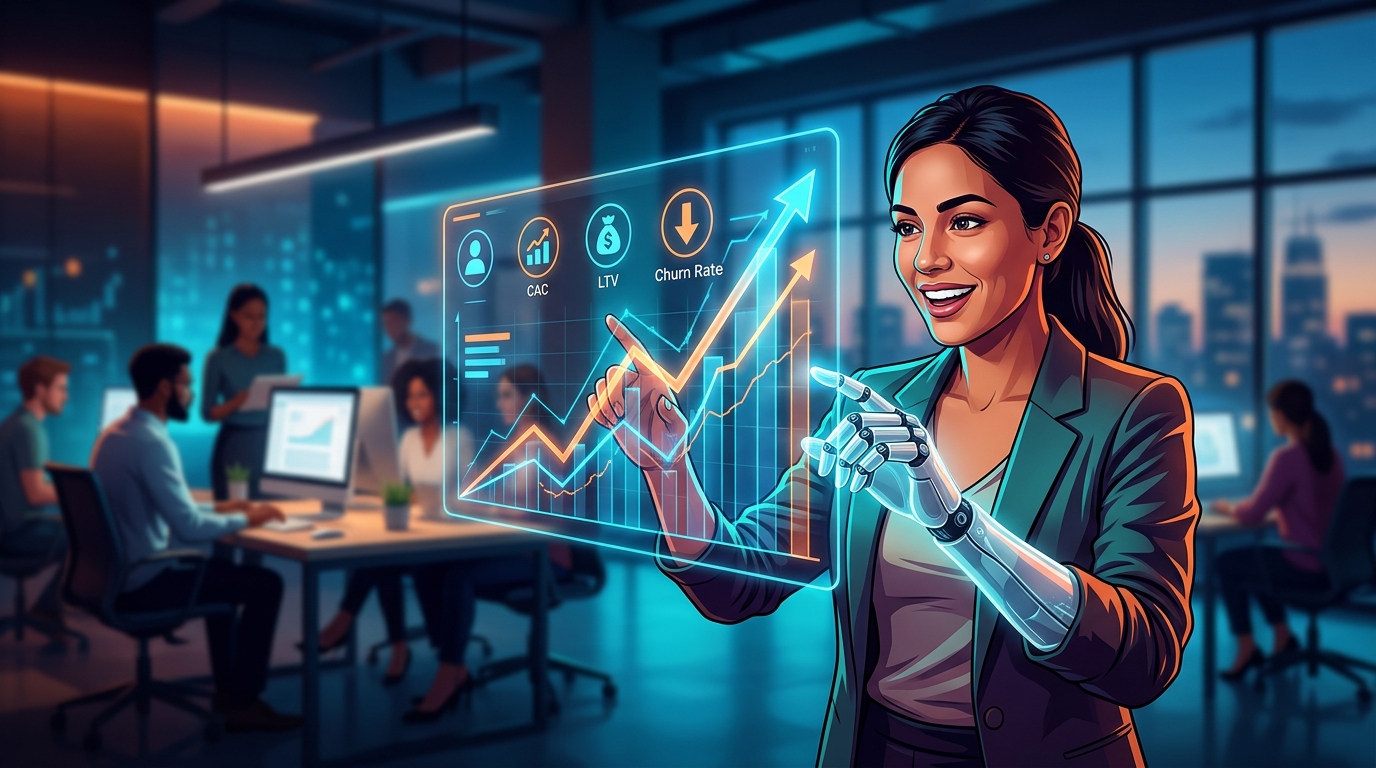 5 Métricas Clave: La IA para Impulsar el Crecimiento de tu Startup Una mano robótica (IA) señalando un gráfico de crecimiento con métricas clave para startups, simbolizando optimización y éxito.