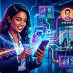 Inteligencia artificial mejorando la experiencia del cliente en una startup con iconos de chatbot, análisis de datos y personalización.