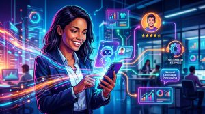 Inteligencia artificial mejorando la experiencia del cliente en una startup con iconos de chatbot, análisis de datos y personalización.