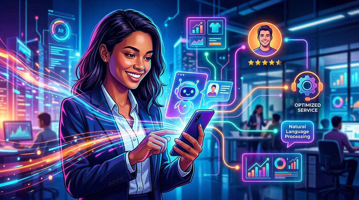 7 Aplicaciones TOP de IA para la Experiencia del Cliente en Startups Inteligencia artificial mejorando la experiencia del cliente en una startup con iconos de chatbot, análisis de datos y personalización.