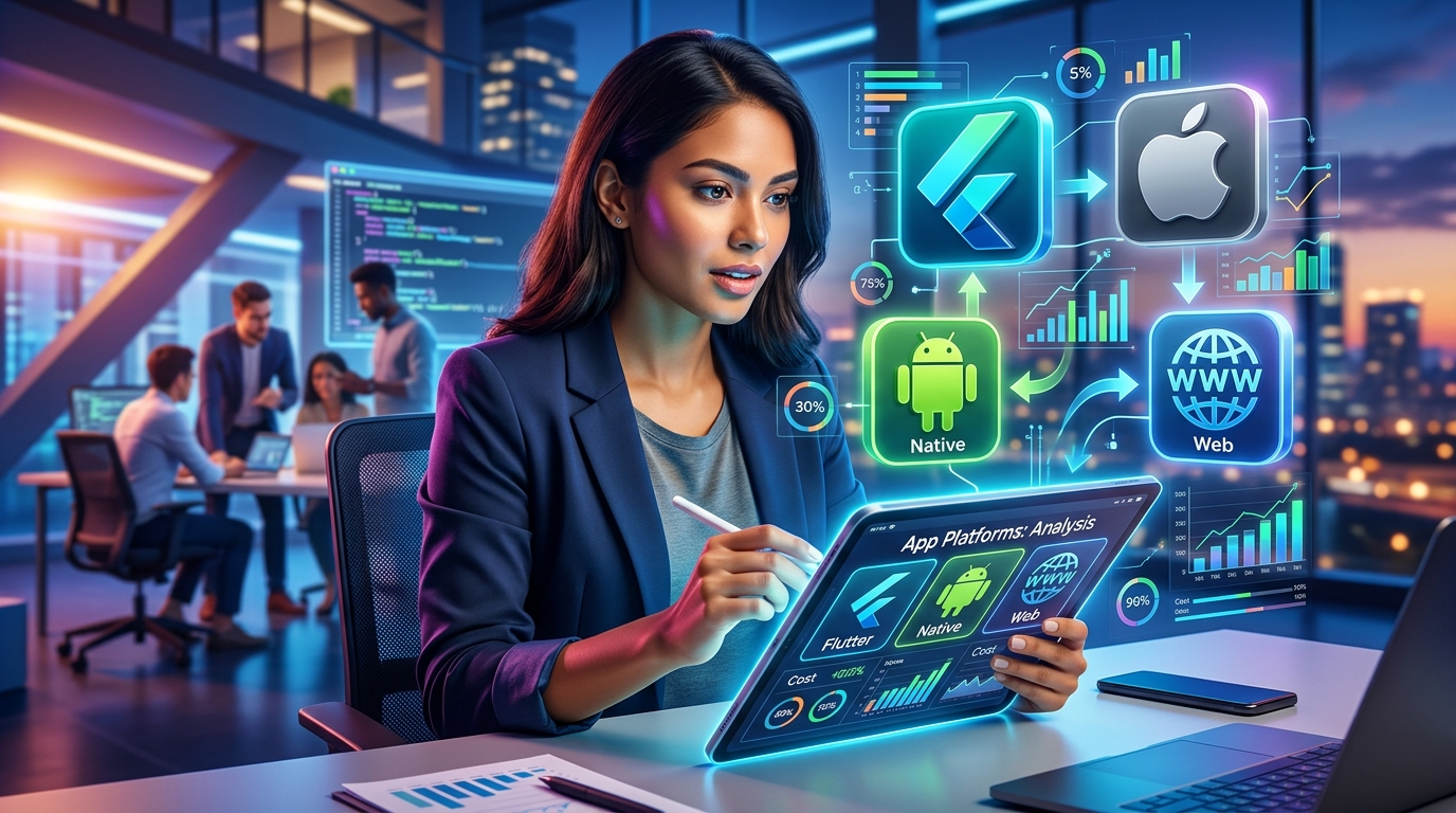 7 Criterios TOP para Elegir la Plataforma Ideal de tu App Persona joven analizando gráficos y datos en una tablet, con iconos de Flutter, Apple y un navegador web flotando alrededor, simbolizando la elección de plataforma de app.