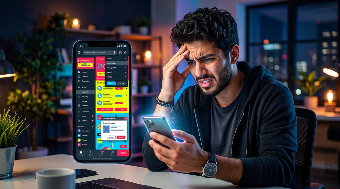 7 Errores de Diseño UI Comunes que tu Startup Debe Evitar Ilustración de una persona joven frustrada con una interfaz de aplicación móvil llena de errores de diseño UI confusos, con elementos desordenados y texto ilegible.