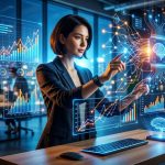 Un cerebro digital analizando gráficos de datos con inteligencia artificial, proyectando insights estratégicos para una startup.