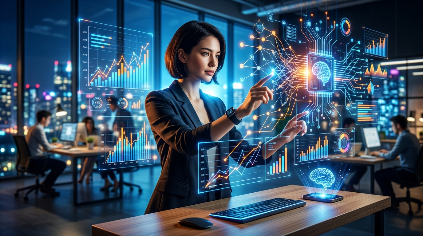 Un cerebro digital analizando gráficos de datos con inteligencia artificial, proyectando insights estratégicos para una startup.