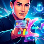 Ilustración abstracta de una mano interactuando con una interfaz digital con iconos de tarjetas de crédito y símbolos de seguridad, conectando una aplicación móvil y un sitio web con un servidor de pasarela de pago.