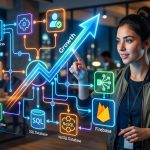 Diagrama de arquitectura escalable para una aplicación móvil con módulos interconectados y servicios en la nube.