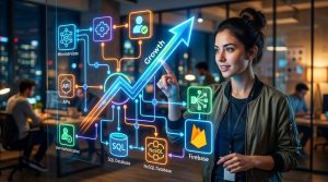 Diagrama de arquitectura escalable para una aplicación móvil con módulos interconectados y servicios en la nube.
