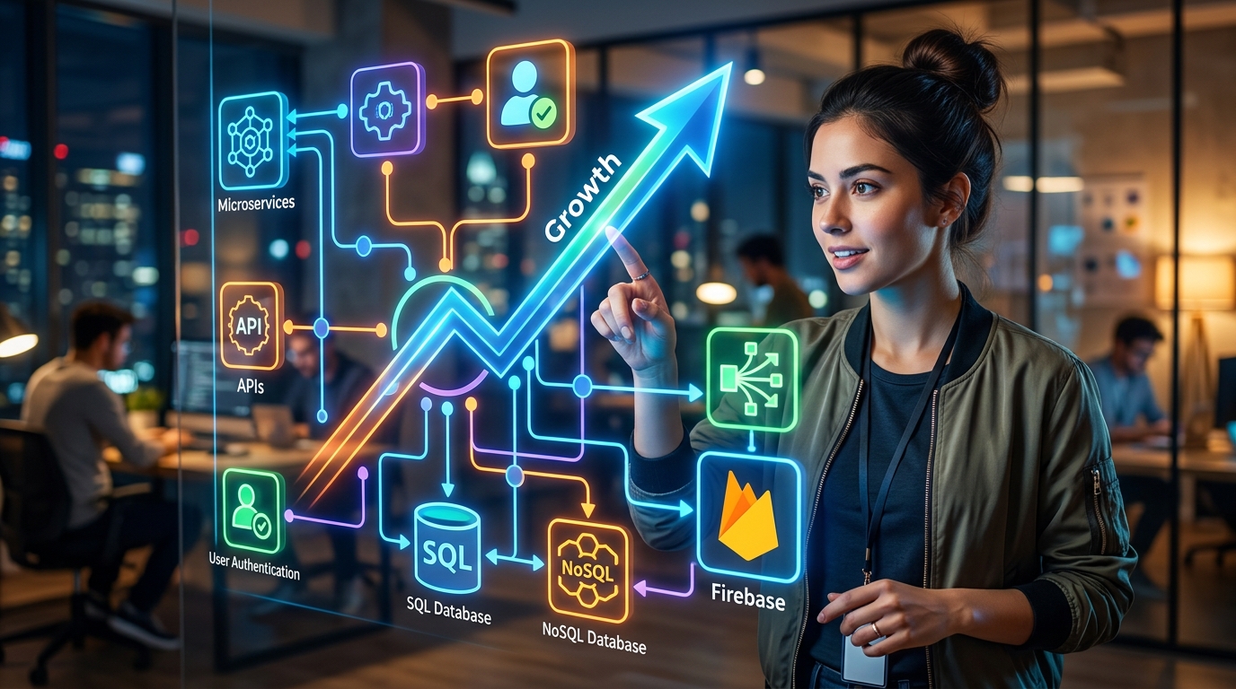 Arquitectura Escalable para Apps: Prepara tu Proyecto para el Éxito Diagrama de arquitectura escalable para una aplicación móvil con módulos interconectados y servicios en la nube.