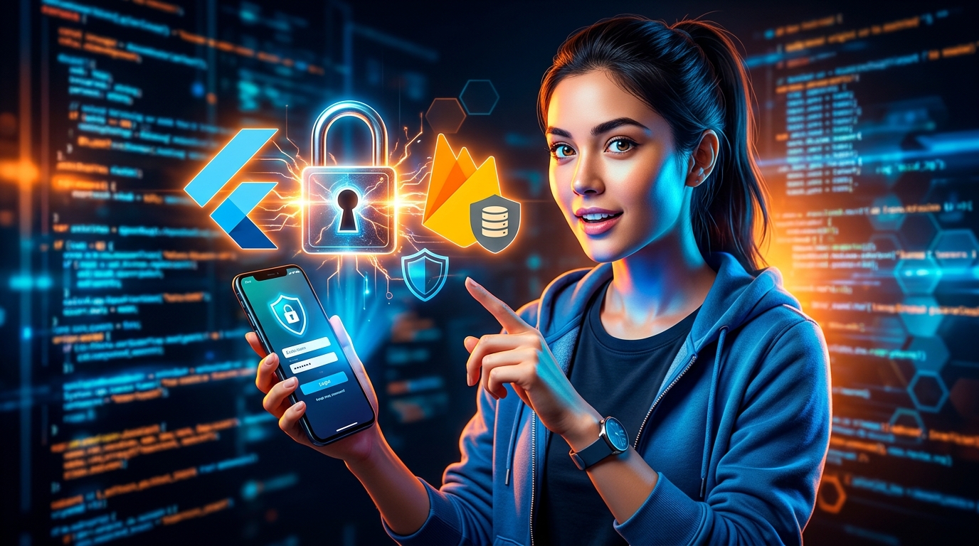 Ilustración de un candado digital con el logo de Flutter y Firebase, simbolizando la seguridad en la autenticación de usuarios en aplicaciones Flutter.