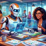 Un robot amigable ayudando a organizar documentos y tareas en una oficina moderna de startup, simbolizando la automatización inteligente.