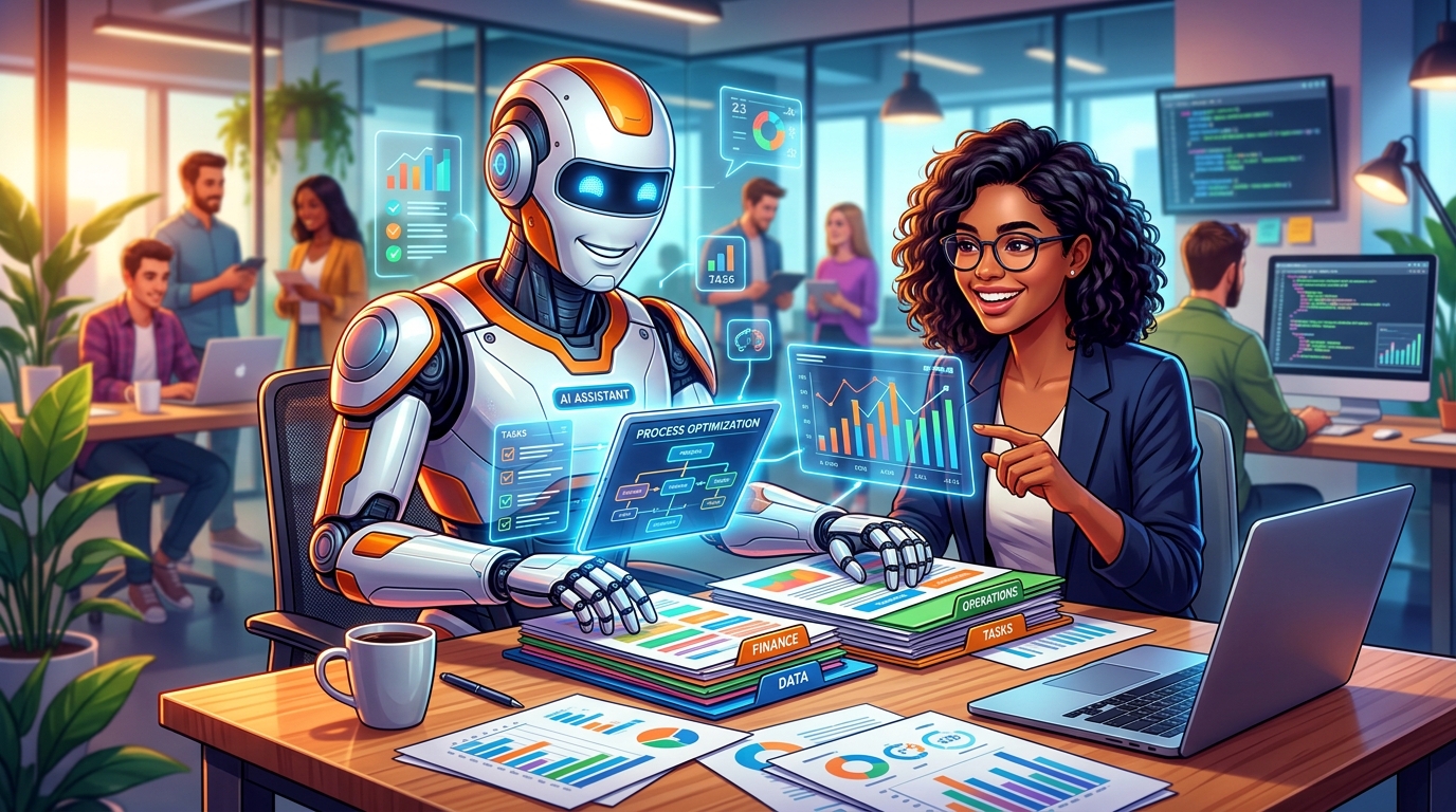 Automatización Inteligente para Startups: Guía Paso a Paso para Optimizar Procesos con IA Un robot amigable ayudando a organizar documentos y tareas en una oficina moderna de startup, simbolizando la automatización inteligente.